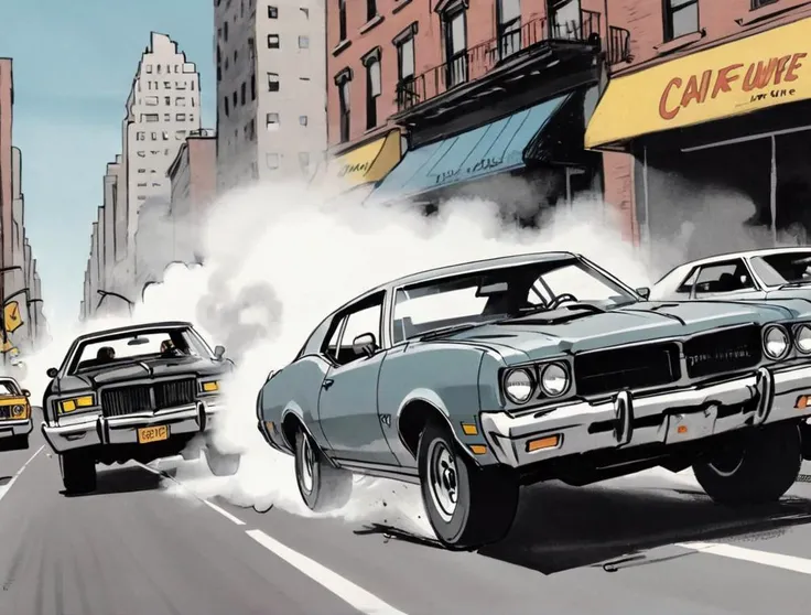 comic book illustration, car chase, dynamic perspective, close up, 1970s new york city street scene, tire smoke, action