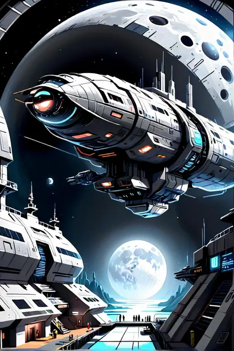 spaceship in a futuristic space station with a view of the moon, sci fi digital painting, in a sci fi shipping port, sci fi digital painting, futuristic setting, futuristic. game cg, futuristic space port, stunning sci fi concept art, mystical sci fi concept art, futuristic environment, sci fi space game art, sci fi digital art