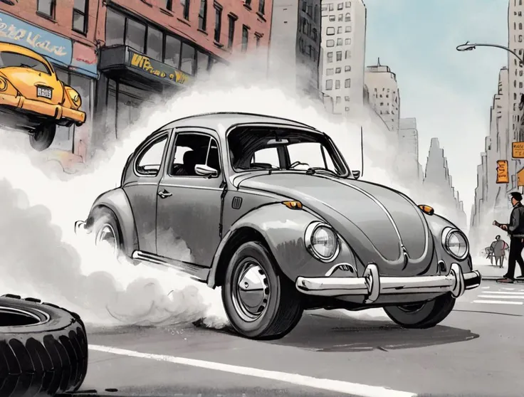 comic book illustration, VW beetle, dynamic perspective, close up, 1970s new york city street scene, tire smoke, action