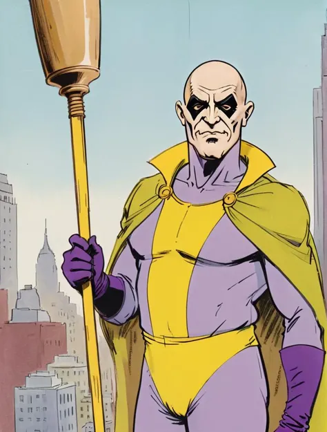 full body shot, 1970s comic book panel, supervillain, potbelly, holding a bronze pole, bald with weak chin, purple and yellow domino mask, purple cape, dynamic perspective, yellow body suit, purple gloves, new york city in background
