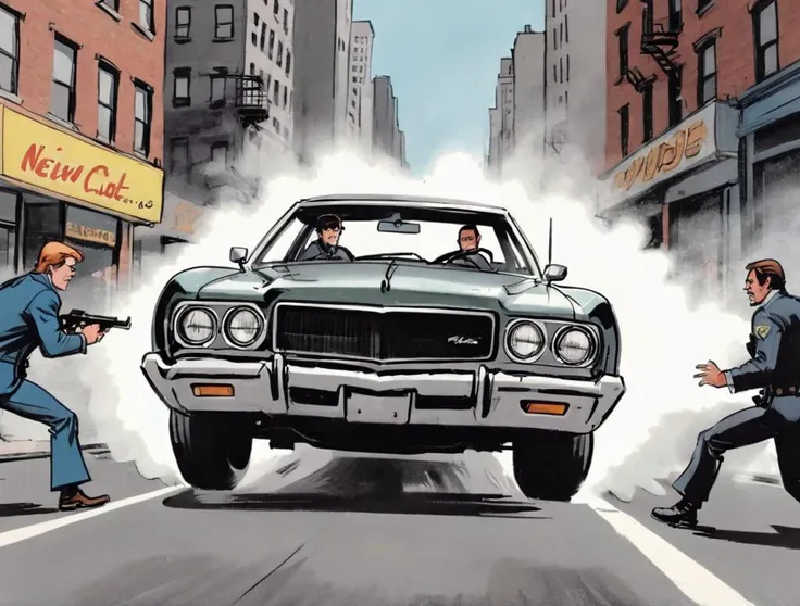 comic book illustration, car chase, dynamic perspective, close up, 1970s new york city street scene, tire smoke, action