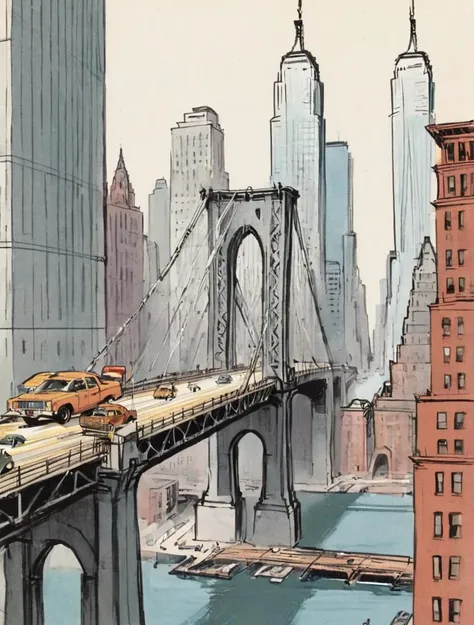 1970s comic book illustration, new york city bridge, tall buildings, manhattan