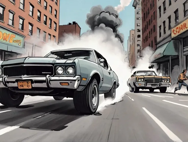 comic book illustration, car chase, dynamic perspective, close up, 1970s new york city street scene, tire smoke, action