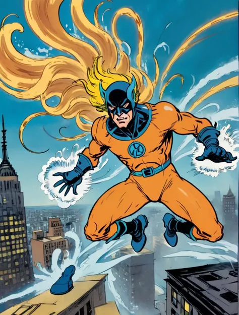 full body shot, 1970s comic book panel, flying supervillain with hurricane and tornado theme, surrounded by swirling blue winds, dynamic perspective, blue and yellow body suit, orange gloves, new york city in background