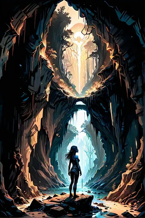 painting of a woman standing in a cave with a light shining through the trees, peter gric and dan mumford, jessica rossier and brian froud, mythical gigantic space cavern, by christophe vacher, inspired by christophe vacher, beautiful fantasy cave scene, symmetrical epic fantasy art, surreal concept art, tomasz alen kopera and cgsociety