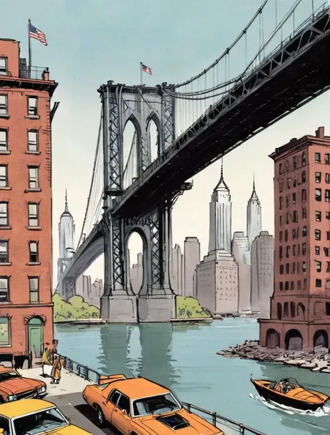 1970s comic book illustration, new york city bridge, tall buildings, manhattan