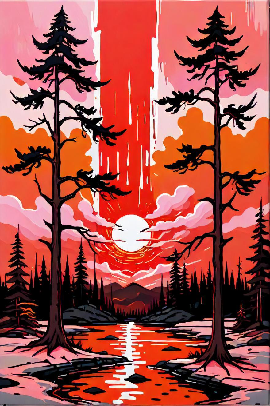 A painting of a sunset with trees and water - SeaArt AI