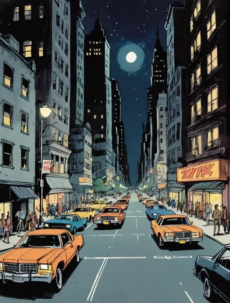1970s comic book illustration, new york city streets at night, manhattan, eye level view