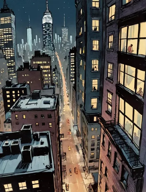 1970s comic book illustration, high-angle, view from rooftops looking down at street, manhattan at night, skyscraper windows in closeup