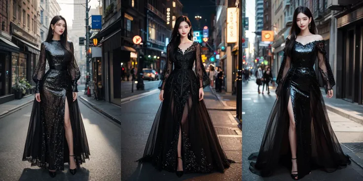 (otherworldly), highly insanely detailed, masterpiece, top quality, best quality, highres, 4k, 8k, RAW photo, (very aesthetic, beautiful and aesthetic), lips, spotlight, professional lighting, (full body), (formal dress), realistic, jewelry, earrings, looking at viewer, sleeves past wrists, smile, (long hair, black hair, lips, brown eyes), street corner, 
kooo123, <lora:illiO_yunOOsan_v1:0.3>, portrait, (fantasy world)