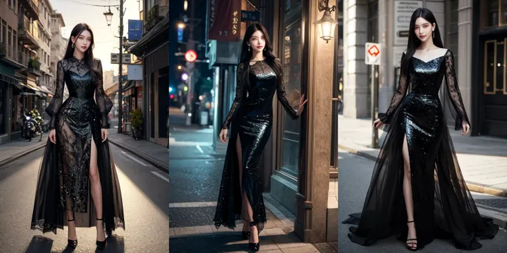 (otherworldly), highly insanely detailed, masterpiece, top quality, best quality, highres, 4k, 8k, RAW photo, (very aesthetic, beautiful and aesthetic), lips, spotlight, professional lighting, (full body), (formal dress), realistic, jewelry, earrings, looking at viewer, sleeves past wrists, smile, (long hair, black hair, lips, brown eyes), street corner,
kooo123, <lora:illiO_yunOOsan_v1:1>, portrait, (fantasy world)