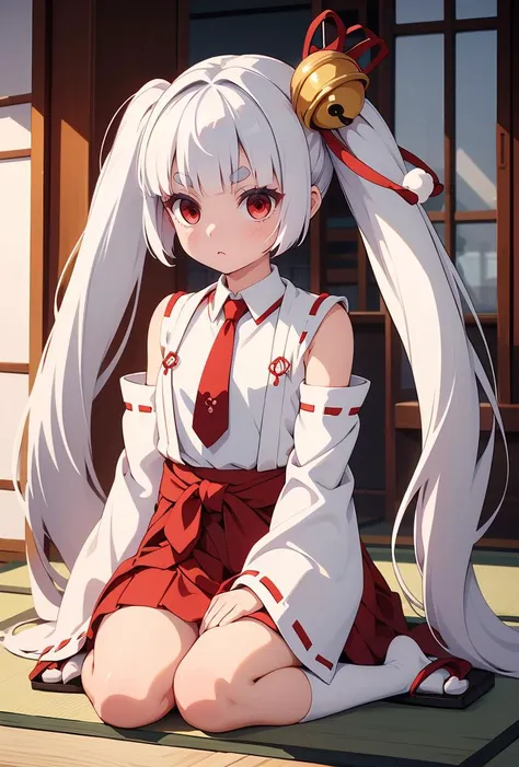 (masterpiece, best quality), 1girl,      <lora:tsukuyo_scarxzys:0.8> tsukuyo, pale skin, red eyes, thick eyebrows, white hair, very long hair, blunt bangs, twintails, hair ornament, hair bell, miko, japanese clothes, sash, red bow, detached sleeves, long sleeves, wide sleeves, ribbon trim, ribbon-trimmed sleeves, waist red hakama skirt, red necktie, geta, tabi