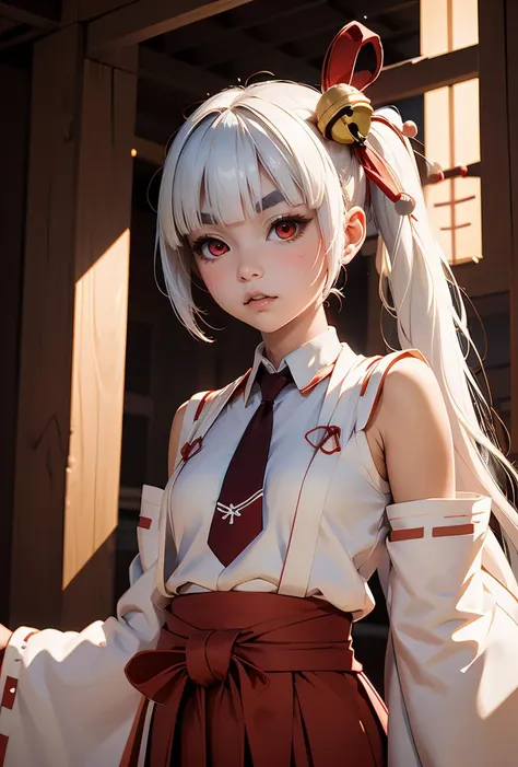 (masterpiece, best quality), 1girl,      <lora:tsukuyo_scarxzys:0.8> tsukuyo, pale skin, red eyes, thick eyebrows, white hair, very long hair, blunt bangs, twintails, hair ornament, hair bell, miko, japanese clothes, sash, red bow, detached sleeves, long sleeves, wide sleeves, ribbon trim, ribbon-trimmed sleeves, waist red hakama skirt, red necktie, geta, tabi