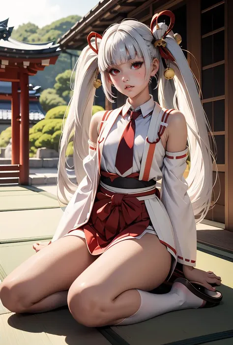 (masterpiece, best quality), 1girl,      <lora:tsukuyo_scarxzys:0.8> tsukuyo, pale skin, red eyes, thick eyebrows, white hair, very long hair, blunt bangs, twintails, hair ornament, hair bell, miko, japanese clothes, sash, red bow, detached sleeves, long sleeves, wide sleeves, ribbon trim, ribbon-trimmed sleeves, waist red hakama skirt, red necktie, geta, tabi