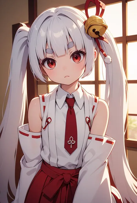 (masterpiece, best quality), 1girl,      <lora:tsukuyo_scarxzys:0.8> tsukuyo, pale skin, red eyes, thick eyebrows, white hair, very long hair, blunt bangs, twintails, hair ornament, hair bell, miko, japanese clothes, sash, red bow, detached sleeves, long sleeves, wide sleeves, ribbon trim, ribbon-trimmed sleeves, waist red hakama skirt, red necktie, geta, tabi