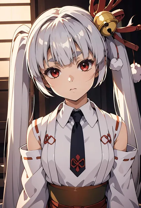 (masterpiece, best quality), 1girl,      <lora:tsukuyo_scarxzys:0.8> tsukuyo, pale skin, red eyes, thick eyebrows, white hair, very long hair, blunt bangs, twintails, hair ornament, hair bell, miko, japanese clothes, sash, red bow, detached sleeves, long sleeves, wide sleeves, ribbon trim, ribbon-trimmed sleeves, waist red hakama skirt, red necktie, geta, tabi