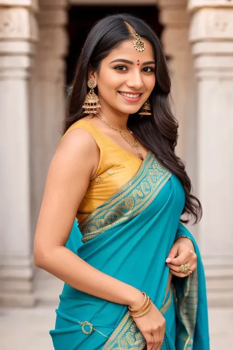 RAW photo, a close up portrait photo of 26 y.o girl wearing indian saree,happy, smile,large breast, looking at viewer, long haircut,  slim body, (high detailed skin:1.2), 8k uhd, dslr, soft lighting, high quality, film grain, Fujifilm XT3 <lora:saree:0.7>