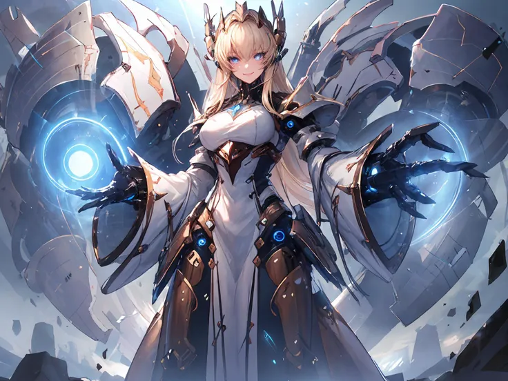 masterpiece,best quality,highres,cinematic lighting,dramatic angle,1girl,mecha musume,<lora:ShadowverseSkeletonRaiderV4-000017:0.8:lbw=1,1,1,1,1,0.5,0.5,0.1,0.86,1,1,1,1,1,1,1,1>,blonde hair,horns,hair ornament,blue eyes,glowing eyes,very long hair,mechanical arms,parts,joints,hyper technology,looking at viewer,smile,floating,high heels,white dress,wide sleeves,magic,aura,energy boost,giant robot in the background,mechaform,