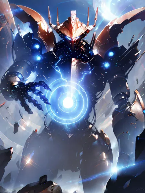 masterpiece,best quality,highres,cinematic lighting,dramatic angle,no humans,<lora:ShadowverseSkeletonRaiderV4-000017:1:lbw=1,1,1,1,1,0.5,0.5,0.1,0.86,1,1,1,1,1,1,1,1>,robot,Mechaform,science fiction,electricity,energy ball,claws,close-up,lens flare,looking at viewer,floating rocks,