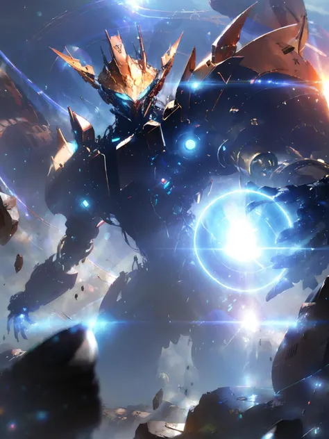 masterpiece,best quality,highres,cinematic lighting,dramatic angle,no humans,<lora:ShadowverseSkeletonRaiderV4-000017:1:lbw=1,1,1,1,1,0.5,0.5,0.1,0.86,1,1,1,1,1,1,1,1>,robot,Mechaform,science fiction,electricity,energy ball,claws,close-up,lens flare,looking at viewer,floating rocks,