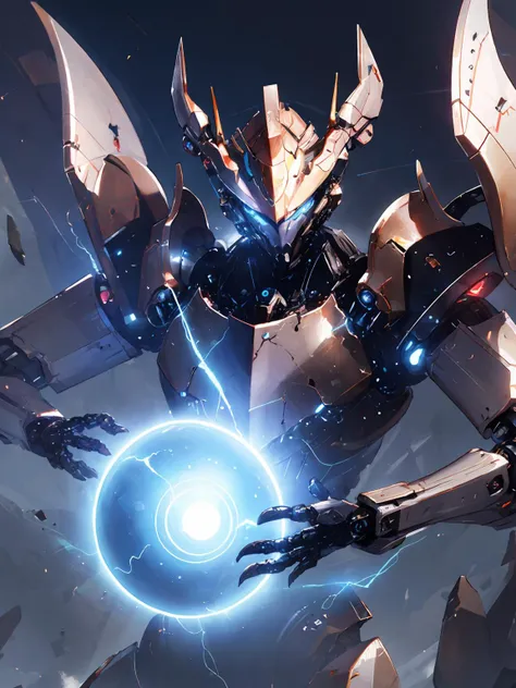 masterpiece,best quality,highres,cinematic lighting,dramatic angle,no humans,<lora:ShadowverseSkeletonRaiderV4-000017:0.8:lbw=1,1,1,1,1,0.5,0.5,0.1,0.86,1,1,1,1,1,1,1,1>,robot,Mechaform,science fiction,electricity,energy ball,claws,close-up,