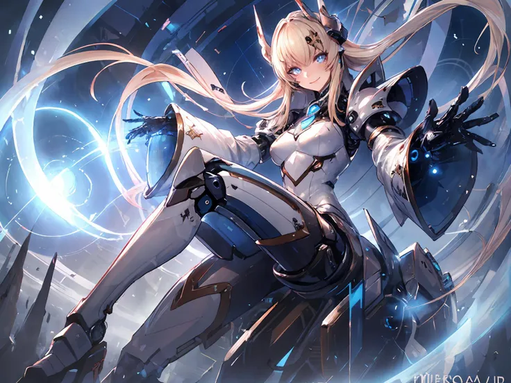 masterpiece,best quality,highres,cinematic lighting,dramatic angle,1girl,mecha musume,<lora:ShadowverseSkeletonRaiderV4-000017:0.8:lbw=1,1,1,1,1,0.5,0.5,0.1,0.86,1,1,1,1,1,1,1,1>,blonde hair,horns,hair ornament,blue eyes,glowing eyes,very long hair,mechanical arms,parts,joints,hyper technology,looking at viewer,smile,floating,high heels,white dress,wide sleeves,magic,aura,energy boost,giant robot in the background,mechaform,