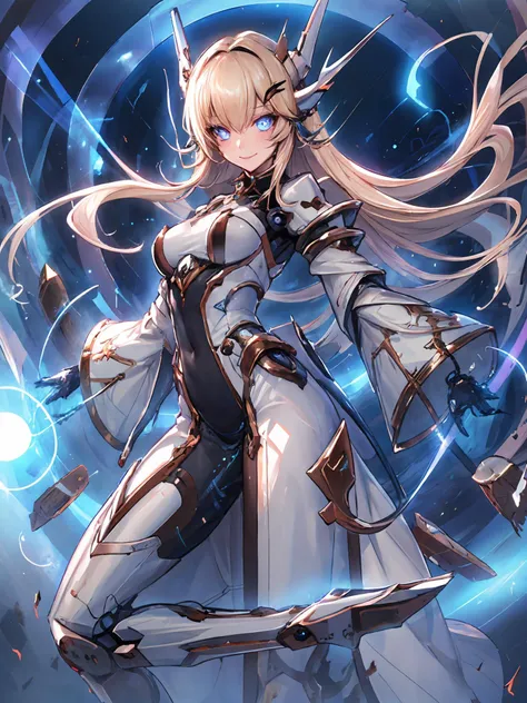 masterpiece,best quality,highres,cinematic lighting,dramatic angle,1girl,mecha musume,<lora:ShadowverseSkeletonRaiderV4-000017:0.8:lbw=1,1,1,1,1,0.5,0.5,0.1,0.86,1,1,1,1,1,1,1,1>,blonde hair,horns,hair ornament,blue eyes,glowing eyes,very long hair,mechanical arms,parts,joints,hyper technology,looking at viewer,smile,floating,high heels,white dress,wide sleeves,magic,aura,energy boost,