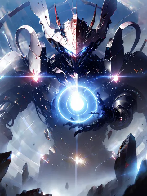 masterpiece,best quality,highres,cinematic lighting,dramatic angle,no humans,<lora:ShadowverseSkeletonRaiderV4-000017:1:lbw=1,1,1,1,1,0.5,0.5,0.1,0.86,1,1,1,1,1,1,1,1>,robot,Mechaform,science fiction,electricity,energy ball,claws,close-up,lens flare,looking at viewer,floating rocks,unleashing power,upper body,blurry background,depth of field,steam,fog,