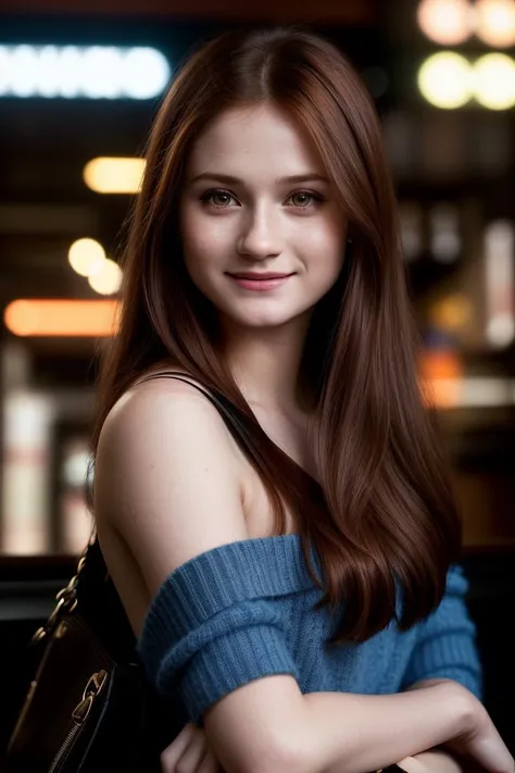 photo of seductive (b0nniewr1ght-140:0.99), a woman as a sexy student, closeup portrait, (sweater off-shoulder with a strap), at an (80s style) cantina sitting bar, (masterpiece realistic photography:1.2) (bokeh) (best quality) (detailed skin texture pores hairs:1.1) (intricate) (8k) (HDR) (wallpaper) (cinematic lighting) (sharp focus), eyeliner, painted lips, (vivid atmosphere), (holding a handbag over her shoulder:1.2), (smiling:1.2)