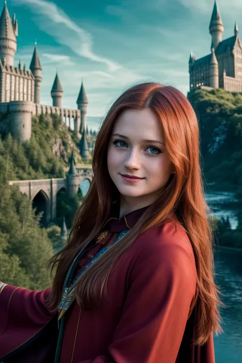 photo of seductive (b0nniewr1ght-140:0.99), a woman as a sexy wizard, (sexy Gryffindor wizard costume), (closeup portrait), (Hogwarts castle in the background), (masterpiece realistic photography:1.2) (bokeh) (best quality) (detailed skin texture pores hairs:1.1) (intricate) (8k) (HDR) (wallpaper) (cinematic lighting) (sharp focus), eyeliner, painted lips, (vivid atmosphere), (holding a magic wand), (smiling:1.2), (looking at the camera:1.1)