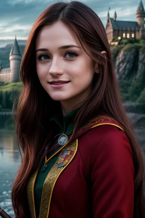 photo of seductive (b0nniewr1ght-140:0.99), a woman as a sexy wizard, (sexy Gryffindor wizard costume), (closeup portrait), (Hogwarts castle in the background), (masterpiece realistic photography:1.2) (bokeh) (best quality) (detailed skin texture pores hairs:1.1) (intricate) (8k) (HDR) (wallpaper) (cinematic lighting) (sharp focus), eyeliner, painted lips, (vivid atmosphere), (holding a magic wand), (smiling:1.2), (looking at the camera:1.1)