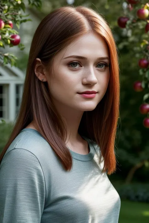 photo of seductive (b0nniewr1ght-140:0.99), a woman as a sexy housewife, ((closeup portrait:1.2)), (tight t-shirt:1.1), in a (garden with a house in the background), (long trousers), (masterpiece:1.5) (photorealistic:1.1) (bokeh) (best quality) (detailed skin texture pores hairs:1.2) (intricate) (8k) (HDR) (wallpaper) (cinematic lighting) (sharp focus), (vivid atmosphere), (face focus), (apple trees), (red lips), (smiling:1.1)