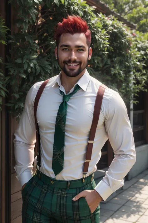 cinematic full-length photo of a male real estate agent, thirty-year-old, broad shoulders, asian pacific-islander, vibrant green eyes, curled ears, unique nose, defined jaw, unique cheeks, broad forehead, copper mohawk hair, happy, wearing wool green-red plaid trousers, black suspenders, BREAK (limegreen dress shirt:1.10), hands on hips, showing joy, in front of new house for sale, 35mm photograph, film, bokeh, professional, 4k, highly detailed, <lora:Slider_Detail-v4:1.8>, <lora:Beard_Slider-v1:1.8>, <lora:Ugly_Bastard-v54a:0.52>, <lora:Slider_Skin_Tone-v1:1.5>