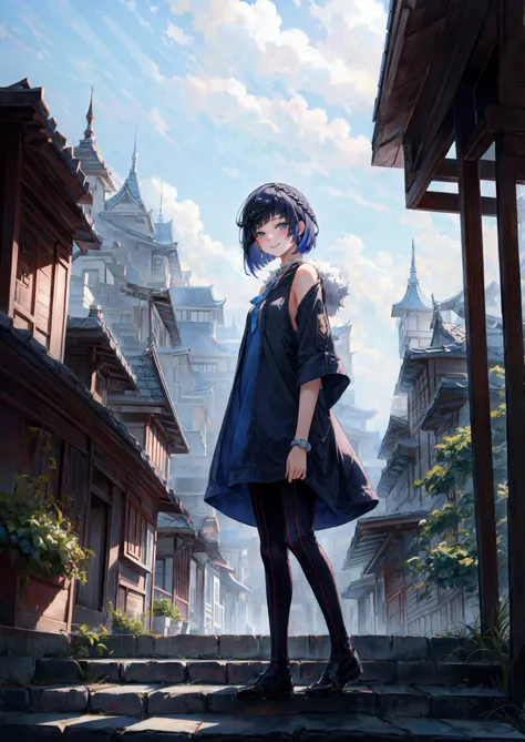 <lora:yelan1-000008>,yelendef,full body,smile,blush,outdoors,day,simple background,blue sky,short hair,sky,temple,looking at viewer,stairs,mountain,moody lighting,facing viewer,