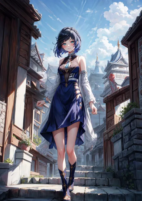 <lora:yelan1-000008>,yelendef,full body,smile,blush,outdoors,day,simple background,blue sky,short hair,sky,temple,looking at viewer,stairs,mountain,moody lighting,facing viewer,