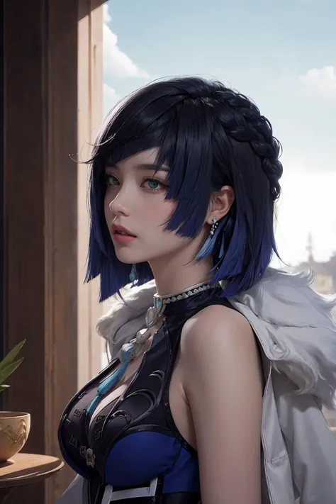 <lora:genshinfull1:1>,<lora:yelan1:1>, yelandef, yelan (genshin impact), blue hair,
1girl,solo, long hair,realistic, blue hair,lips,profile,portrait,closed mouth,nose,from side, best quality, masterpiece, illustration, an extremely delicate and beautiful, extremely detailed ,CG,unity,8k wallpaper, Amazing, finely detail, masterpiece, best quality,official art,extremely detailed CG unity 8k wallpaper,absurdres, incredibly absurdres, huge filesize , ultra-detailed, highres, extremely detailed,beautiful detailed girl, extremely detailed eyes and face, beautiful detailed eyes,light on face, upper body,
outdoors, outside, day, china, teahouse, orange leaves