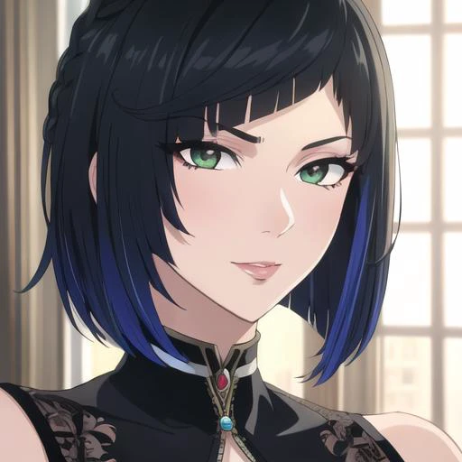 (masterpiece, highres, best quality:1.2), intricate details, vibrant image, sharp focus, mature female, milf, black hair, short hair, perfect face, detailed hair, detailed face, <lora:YelanV4:0.9>, yelandef