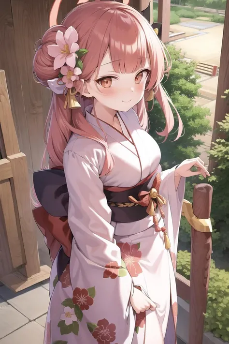 masterpiece, best quality, detailed, 1girl, standing, japanese shrine background, highres,
kimono,white kimono,flower,hair flower,hair bun,hair ornament,
bangs, blush, horn, halo, long hair, looking at viewer, aru, smile, solo, <lora:rikuhachimaAruBlueArchive_v10:.8>,