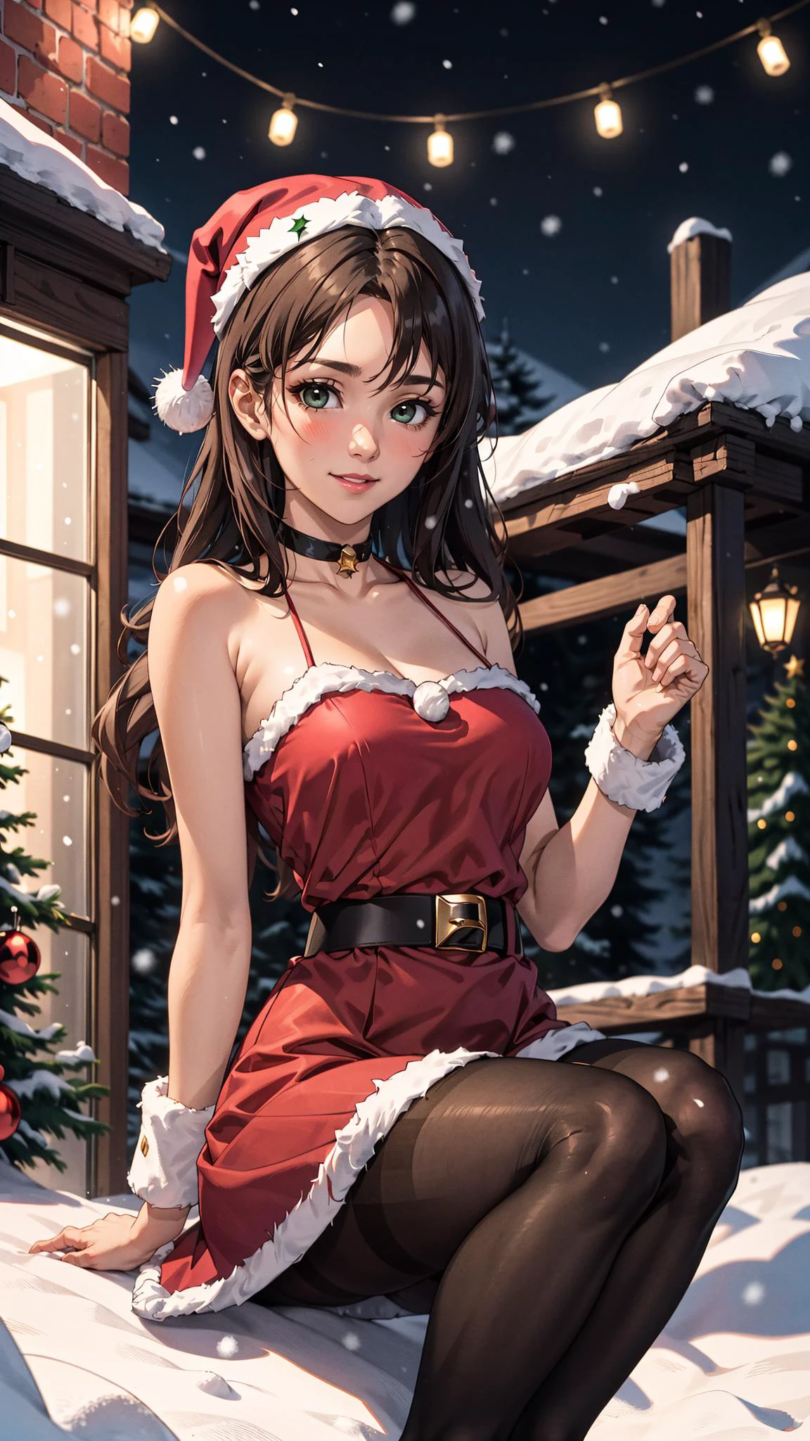masterpiece, best quality, <lora:OlgaLoraV1:0.8>, od, 1girl, solo, long hair, brown hair, green eyes, medium breasts, bangs, ((red santa dress, sleeveless, black pantyhose)), red choker, warm light, rtx, hdr, pink lips, cute, black eyes makeup, light smile, shy, blush, outside, stars, atmospheric, portrait, bokeh, amazing background, snowing, christmas lights, christmas , winther, snow,