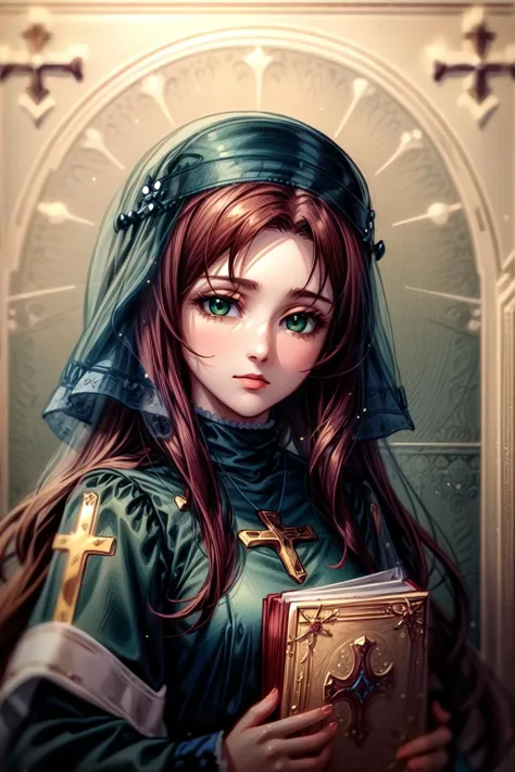 super detailed eyes,masterpiece, high quality, <lora:OrthodoxChristianIcon:1> orthoicon, fine art parody, parody, robe <lora:1more_details:1> <lora:OlgaLoraV2:0.8> long hair, brown hair, od, green eyes,1girl, medium breasts,<lora:CosmicEyes:0.8> CosmiEyes,eyelashes, cross, (saint aureolus), soft lighting, holding book,