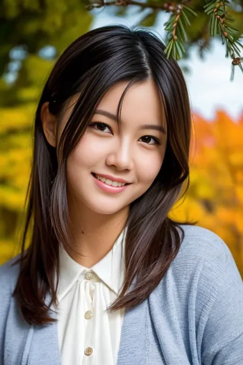 1girl,(blouse and cardigan:1.2),(RAW photo, best quality), (realistic, photo-realistic:1.4), masterpiece, an extremely delicate and beautiful, extremely detailed, 2k wallpaper, Amazing, finely detail, extremely detailed CG unity 8k wallpaper, ultra-detailed, highres, soft light, beautiful detailed girl, extremely detailed eyes and face, beautiful detailed nose, beautiful detailed eyes,cinematic lighting,in a beautiful forest of pine trees at a Japanese countryside,autumn scenery,maple trees in autumn,by a small rocky river,perfect anatomy,slender body,smiling <lora:itoriria_lora:0.8>