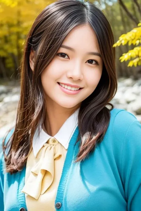 1girl,(blouse and cardigan:1.2),(RAW photo, best quality), (realistic, photo-realistic:1.4), masterpiece, an extremely delicate and beautiful, extremely detailed, 2k wallpaper, Amazing, finely detail, extremely detailed CG unity 8k wallpaper, ultra-detailed, highres, soft light, beautiful detailed girl, extremely detailed eyes and face, beautiful detailed nose, beautiful detailed eyes,cinematic lighting,in a beautiful forest of pine trees at a Japanese countryside,autumn scenery,maple trees in autumn,by a small rocky river,perfect anatomy,slender body,smiling <lora:itoriria_lora:0.8>