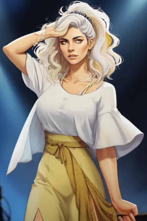 <lora:Marina_MATD:1> marina_matd, greek woman singer with bleached hair and fashionable clothes