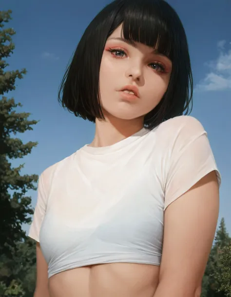 score_9, score_8_up, score_7_up, 1girl, solo, black hair, realistic, lips, white background, simple background, parted lips, short hair, blunt bangs, shirt, bangs, looking at viewer, sky, blue sky, outdoors, day, tree, <lora:detailed_notrigger:1> <lora:eyes:1> , <lora:ip-adapter-faceid-plusv2_sdxl_lora:1>