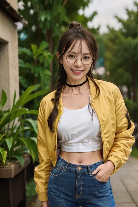 https://civitai.com/models (anime style), ((masterpiece, best quality, highres, adult female)), realism, 1girl, ((tiny breast, highleg thong)), (jacket, crop top, jeans, choker, glasses), cute face, beautiful, short hair, braided hair, collar, TONED ABs, glasses, glistening skin, wet skin, shy expression, outdoor, low angle, mouth closed, smiling <lora:chilloutmixss_xss10:0.3> <lora:zltest:0.4> <lora:linsha_v1:0.2> <lora:youA_koreandoll:0.2>