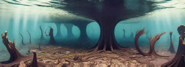surrealism painting, 16k, extreme detail, underwater, fine textures, flatwoods, flooring, ((dark shadows)), dark, sharp lines, ((sexy decay flatwoods orgy)), vivid colors. beautiful. revealing, masterpiece, Bulgaria