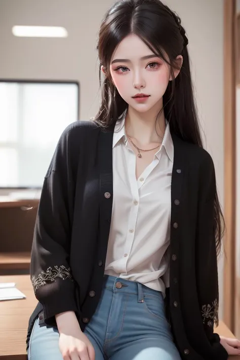 (RAW photo, best quality), (realistic, photo-realistic:1.3), masterpiece, an extremely delicate and beautiful, extremely detailed, CG, unity , finely detail, extremely detailed CG unity 8k wallpaper, huge filesize, ultra-detailed, highres, absurdres, soft light, beautiful detailed girl, detailed fingers, extremely detailed eyes and face, beautiful detailed nose, beautiful detailed eyes,light on face, looking at viewer, 1girl, cute, young, (full body), realistic face, realistic body, beautiful detailed thigh, (ulzzang-6500:0.8), business suit, cross-laced clothes, collared shirt, open clothes, in office, detailed office, open cardigan,