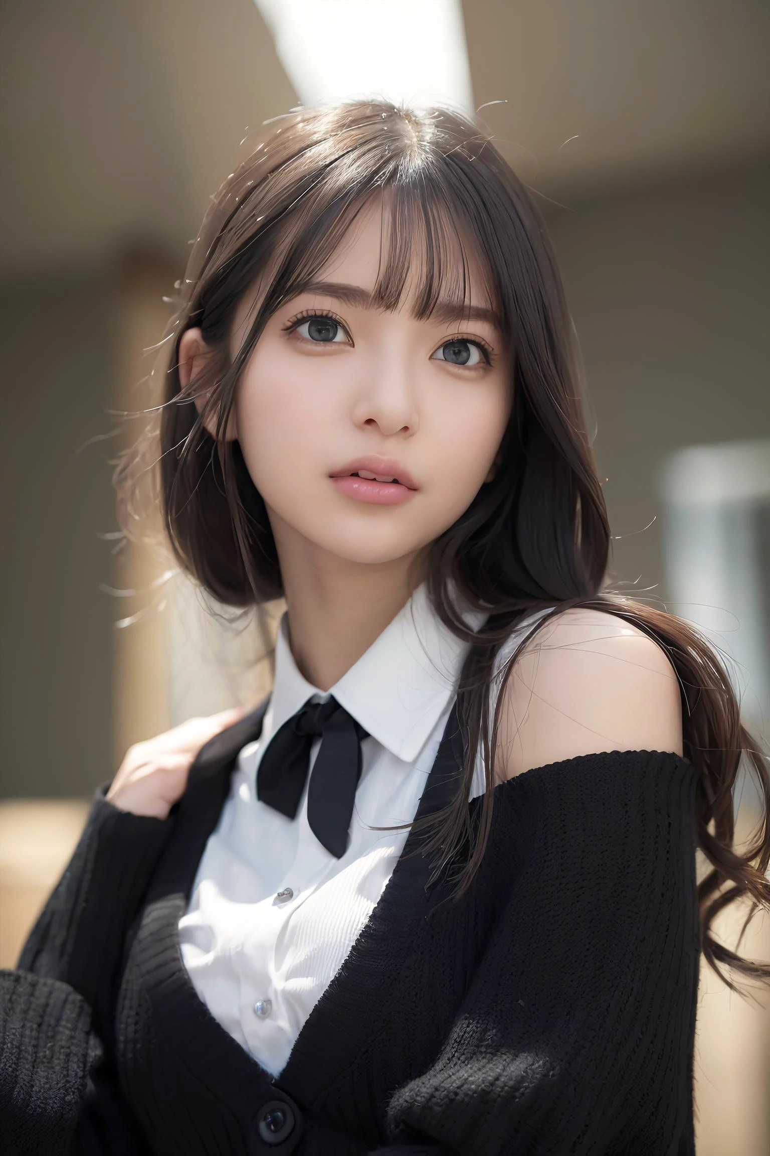 (RAW photo, best quality), (realistic, photo-realistic:1.3), masterpiece, an extremely delicate and beautiful, extremely detailed, CG, unity , 2k wallpaper, Amazing, finely detail, light smile, extremely detailed CG unity 8k wallpaper, huge filesize, ultra-detailed, highres, absurdres, soft light, (((medium hair:1.3), short bang, black hair, floating hair novafrogstyle)), beautiful detailed girl, detailed fingers, extremely detailed eyes and face, beautiful detailed nose, beautiful detailed eyes, long eyelashes, light on face, looking at viewer, (closed mouth:1.2), 1girl, cute, young, mature face, (full body:1.3), ((small breasts)), realistic face, realistic body, beautiful detailed thigh, (ulzzang-6500-v1.1:0.8), <lora:koreanDollLikeness_v15:0.4>, ((business suit, cross-laced clothes, collared shirt, open clothes, open black cardigan, black thighhighs, miniskirt, black underwear, unbuttoned shirt)), in office, detailed office, <lora:SaitoAsuka_v10:0.5>, asuka,