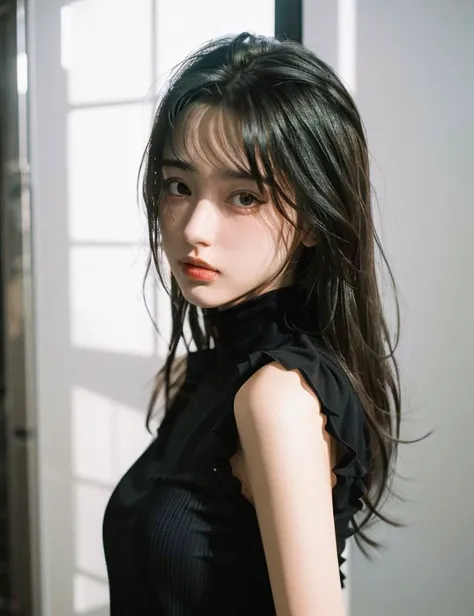 best quality,HDR,UHD,8K,Vivid Colors,solo,medium-shot,(1girl:1.5),(standing:1.3),from front,soft light,(looking at viewer:1.6),Elegant,detailed gorgeous face,fluffy hair,<lora:add_detail:0.5>,(outdoors background:1.1),upper body,<lora:rc102:0.8>,rc,navel,black tank top,panties,