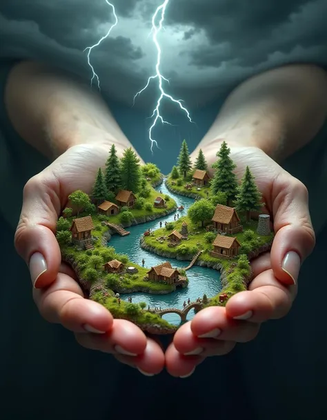 A highly detailed, photorealistic close-up of two cupped hands, palms facing upward, cradling a miniature world where nature and civilization are intricately intertwined. The hands are slightly weathered, with fine lines, creases, and subtle imperfections, giving them a sense of life and experience. From the center of the hands grows a vibrant, flourishing ecosystem: lush, green trees, moss, and ferns spread across the palms, their roots gently merging with the skin. Winding rivers and streams flow through the landscape, reflecting the soft light of an idyllic day, with tiny waterfalls cascading from the edges of the fingers.
Nestled within this natural beauty is a small, rustic civilization, reminiscent of a medieval village or the game Settlers. Tiny, thatched-roof cottages, stone houses, and wooden bridges connect the village, while windmills slowly turn in the breeze. Miniature figures, no larger than grains of rice, go about their daily livesâtending to crops, carrying goods, and building new structures. The village is in a state of peaceful growth, with construction sites suggesting the expansion of this harmonious world.
But suddenly, a storm begins to gather over this tranquil scene. Dark, ominous clouds swirl above the miniature landscape, their shadows creeping over the village and forest. The sky above the tiny world grows heavy and turbulent, casting a dramatic contrast between the calm, fertile ground and the violent forces brewing overhead. Forks of lightning streak across the sky, illuminating the dark clouds in flashes of bright white and electric blue. Thunder rolls silently in the distance, its power implied by the jagged bolts of energy that crack through the stormy sky.
The rivers, once calm and reflective, now churn violently as the storm's influence increases. Rain begins to fall in tiny droplets, barely visible, but their impact can be felt throughout the miniature world. Tiny streams overflow their banks, and the trees bend under the increasing wind. The tiny villagers appear to take notice of the brewing storm, some running for shelter while others struggle to protect their homes and crops from the elements. Windmills spin wildly, almost out of control, as the storm intensifies.
The lighting of the scene is dramatically split: the lower half, where the hands and the miniature world reside, still holds the soft, natural glow of the ground, with rich greens and earthy tones. However, the upper half is dominated by the dark, swirling clouds and the sharp, bright flashes of lightning. The interplay of light and shadow brings out the texture of the storm clouds, the wet reflections on the water, and the subtle gleam of raindrops on the trees and buildings. The tiny structures glisten under the rain, while the lightning creates brief moments of stark illumination, casting sharp shadows across the landscape.
The background remains blurred, keeping the focus on the hands and the dramatic clash between the peaceful, flourishing ecosystem and the chaotic, powerful storm above. The overall mood is one of tension, as the viewer is drawn into the delicate balance between natureâs growth and the raw force of the storm.